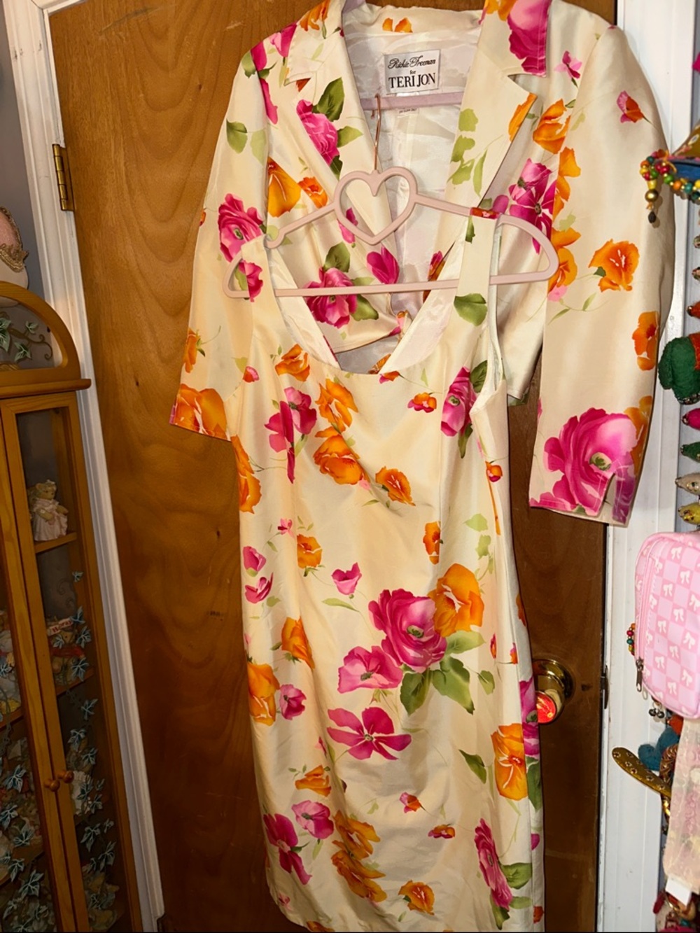 Rickie Freeman for Teri Jon Cream Midi Dress with Pink and Orange Floral Print